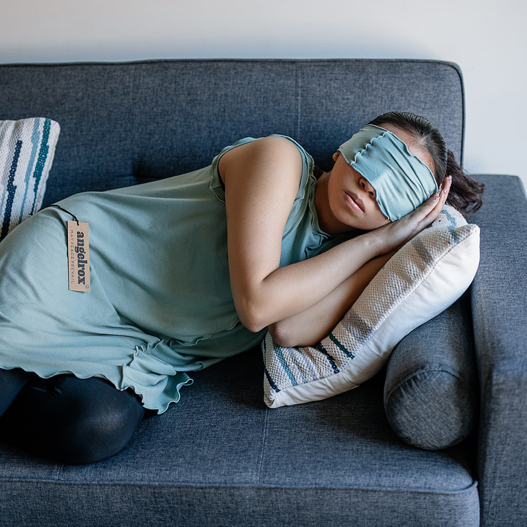 the band in glass worn as a sleeping mask, paired with the shift tunic as a nightgown in glass