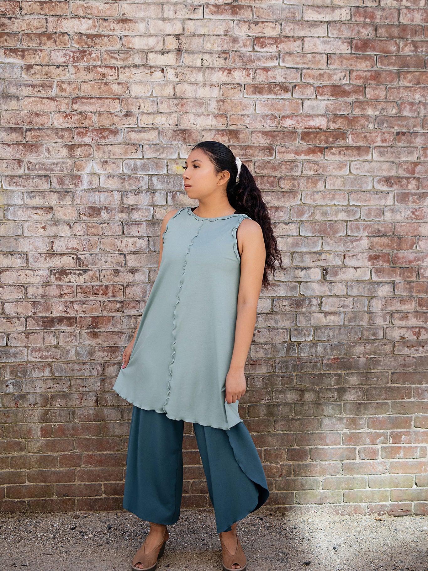 shift tunic tank in glass worn reversed; paired with petal pant in ocean