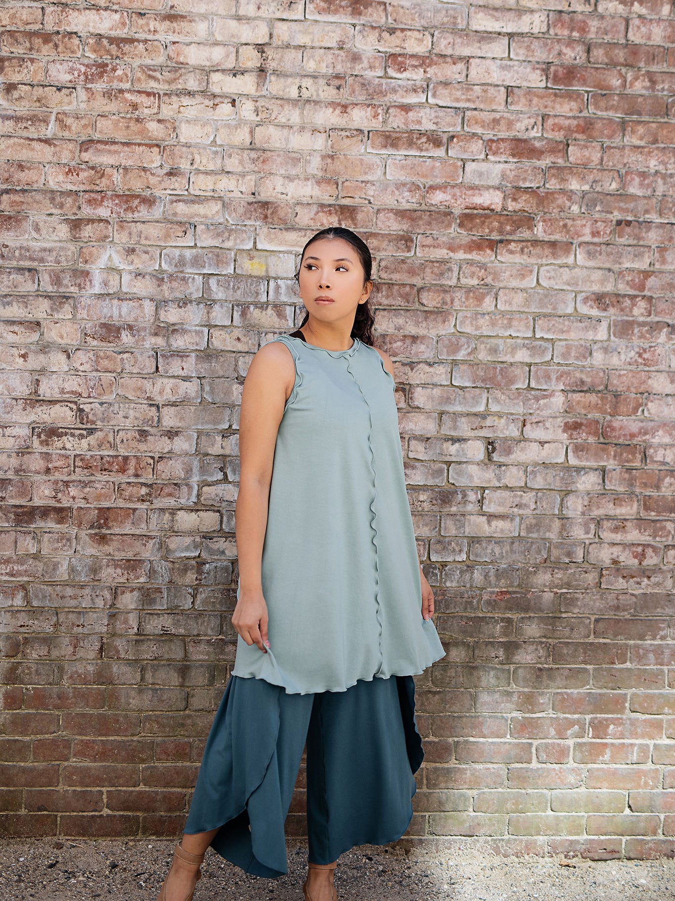 shift tunic tank in glass worn reversed; paired with petal pant in ocean