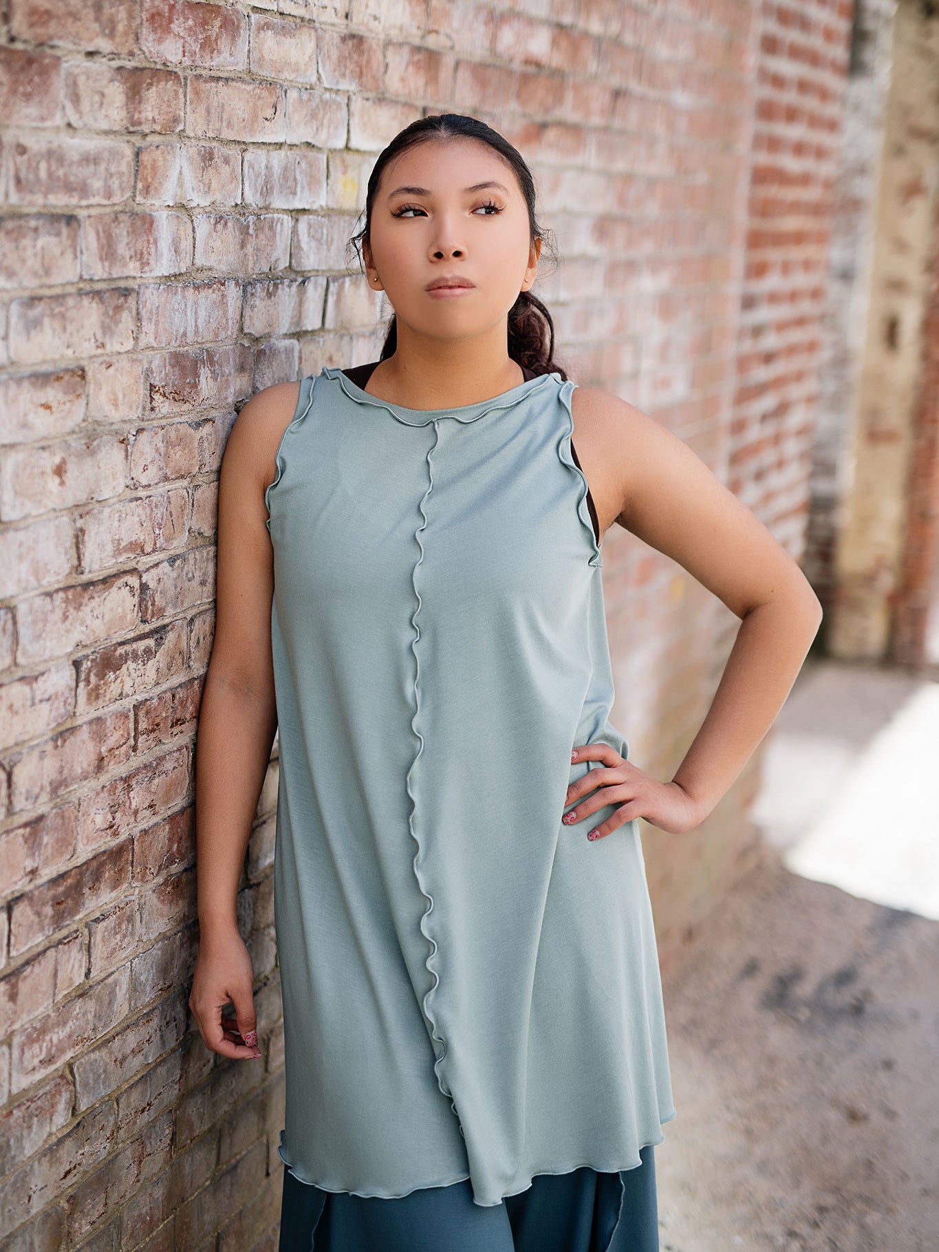 shift tunic tank in glass worn reversed; paired with petal pant in ocean
