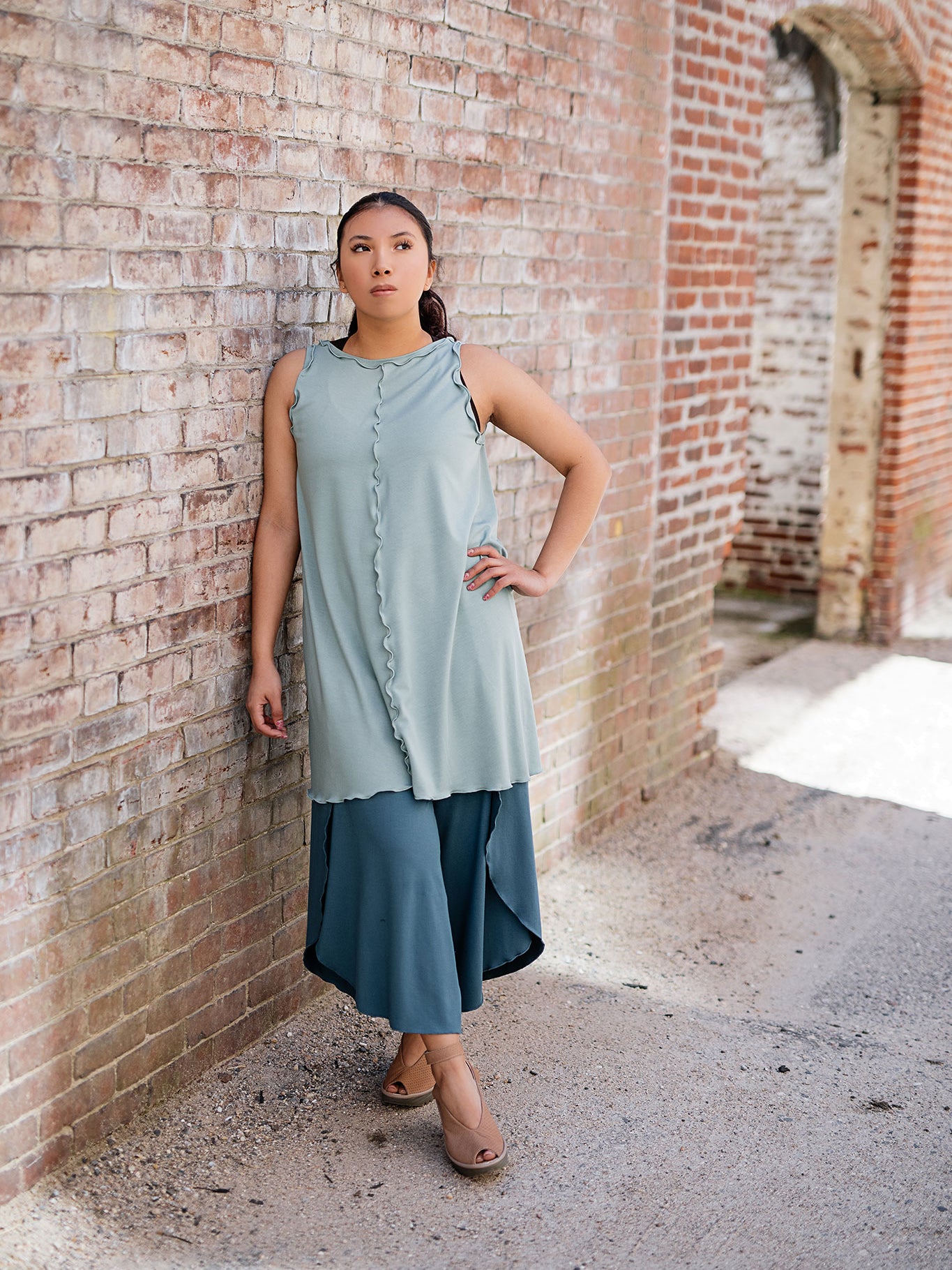 shift tunic tank in glass worn reversed; paired with petal pant in ocean