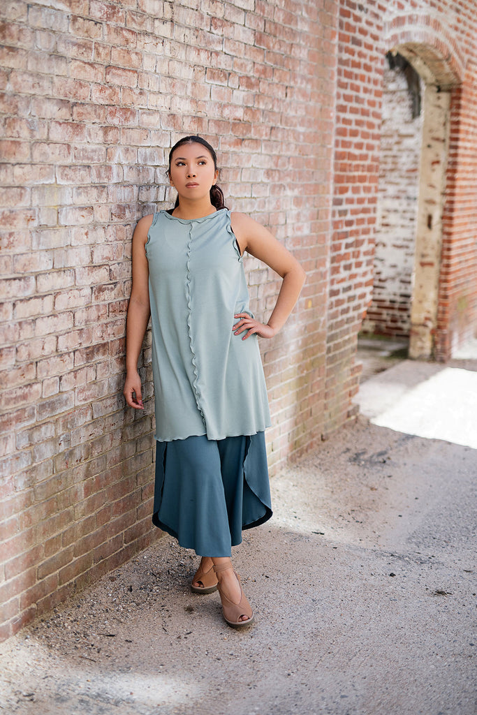 shift tunic tank in glass worn reversed; paired with petal pant in ocean