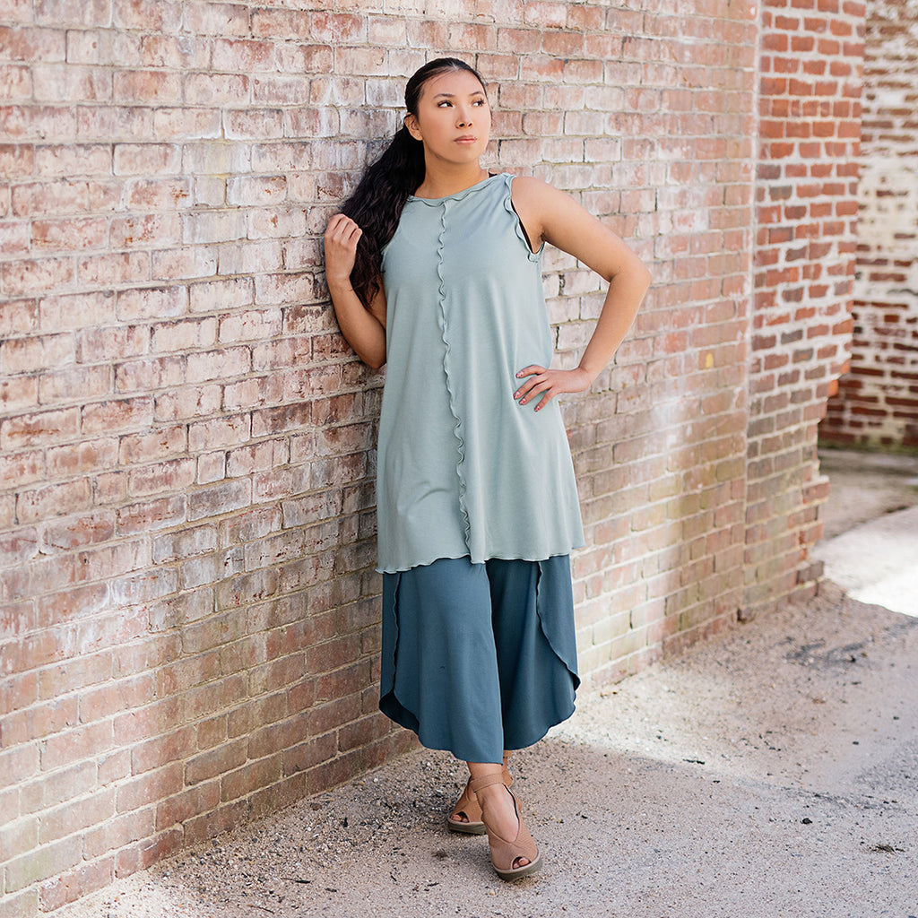 shift tunic tank in glass worn reversed; paired with petal pant in ocean