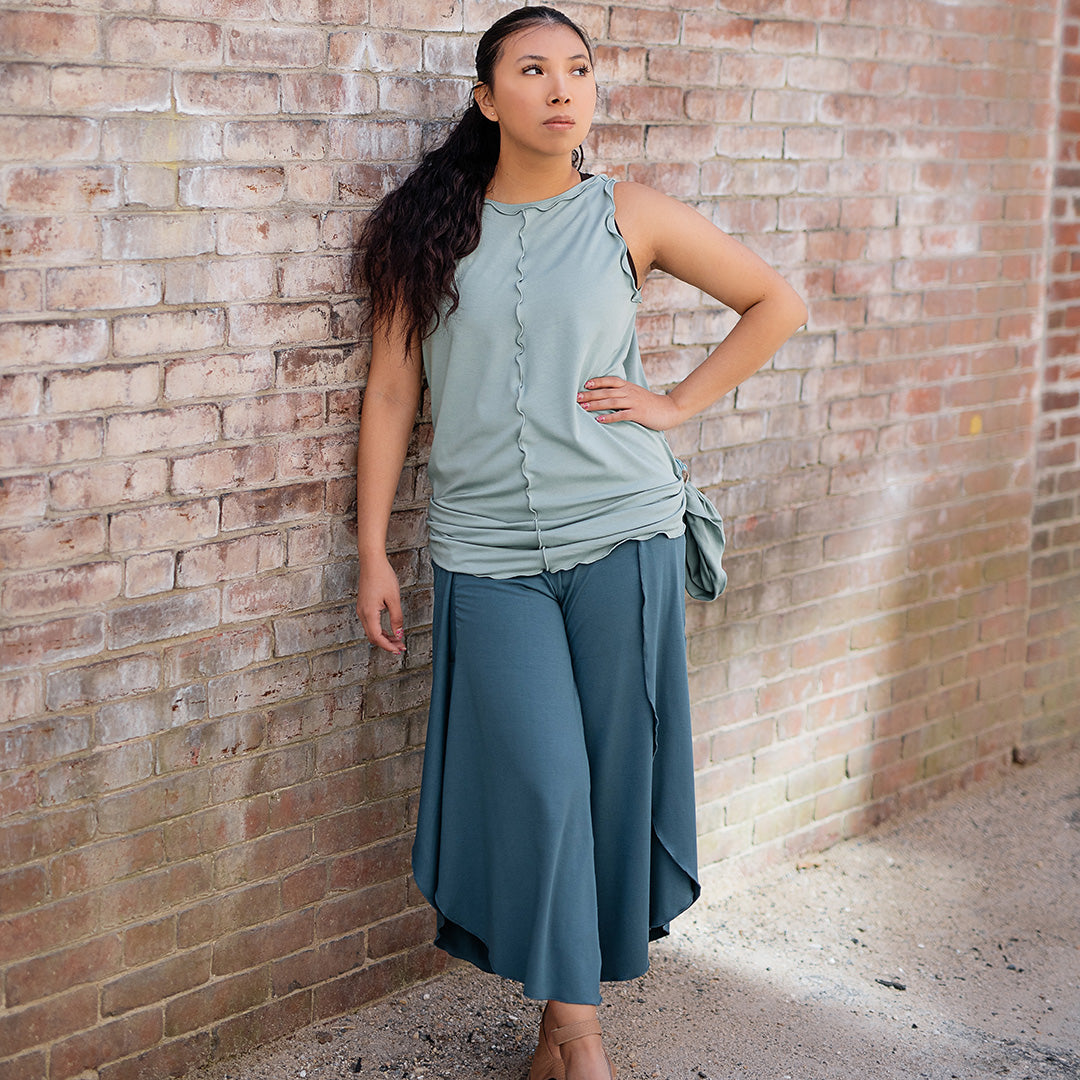 petal pant in ocean paired with shift tank in glass worn reversed with a tshirt knot to gather it