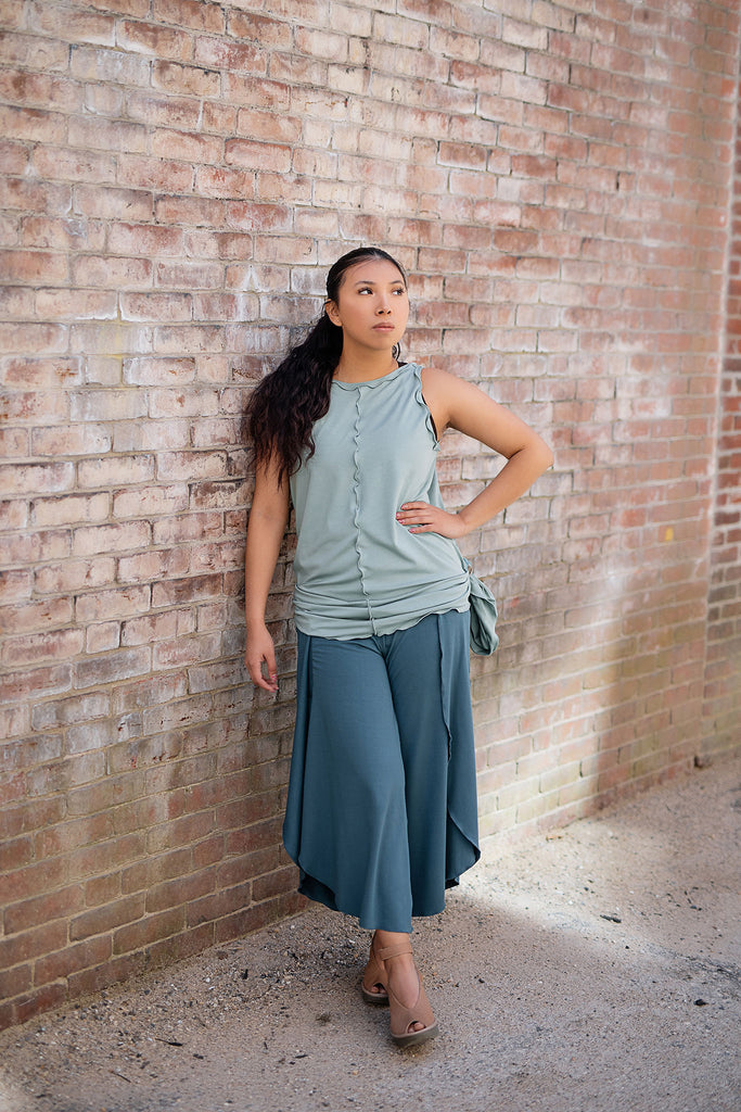 petal pant in ocean paired with shift tank in glass worn reversed and gathered with a tshirt knot