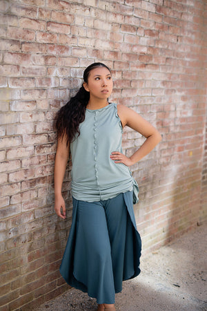 petal pant in ocean paired with shift tank in glass worn reversed and gathered with a tshirt knot