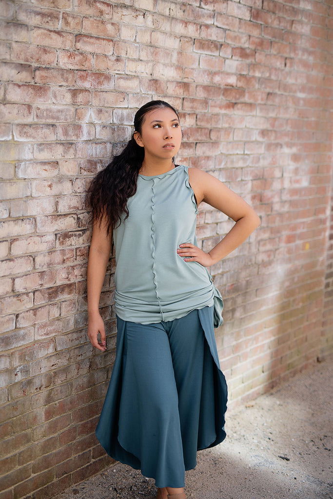 shift tunic tank in glass worn reversed and gathered with a tshirt knot; paired with petal pant in ocean