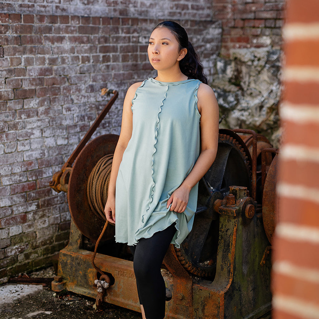 shift tunic tank in glass worn reversed; paired with capri base legging in black