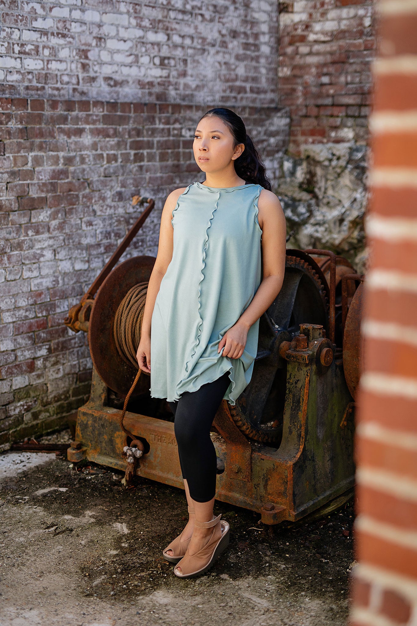 shift tunic tank in glass worn reversed; paired with capri base legging in black