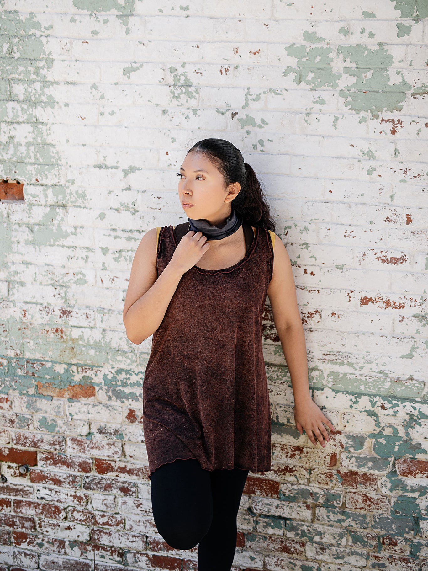 shift tunic in lush mineral paired with capri base legging in black