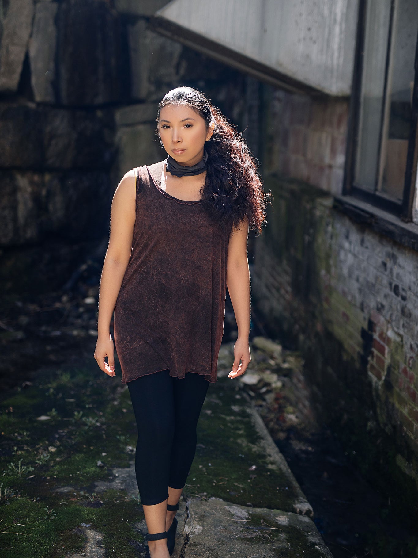 shift tunic in lush mineral paired with capri base legging in black