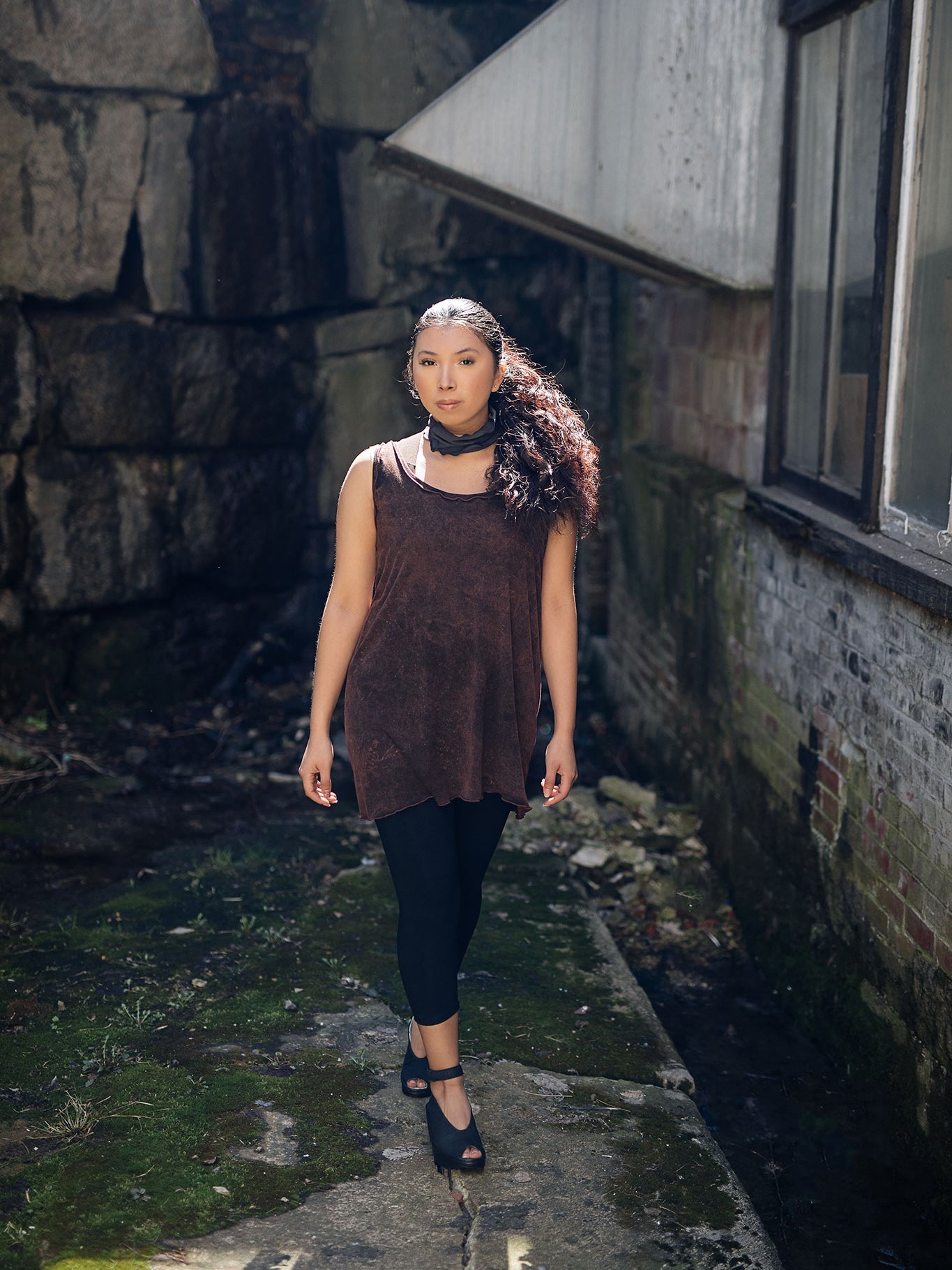 shift tunic in lush mineral paired with capri base legging in black