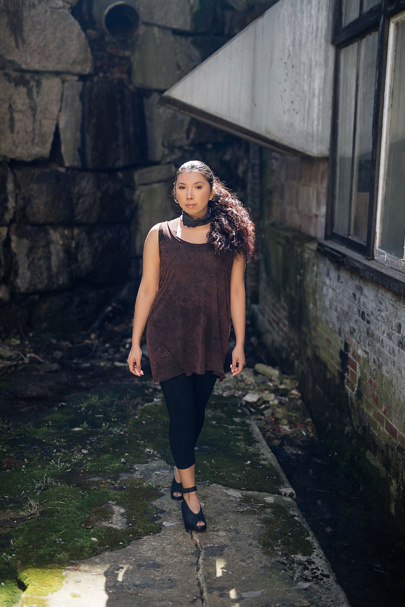 shift tunic in lush mineral paired with capri base legging in black