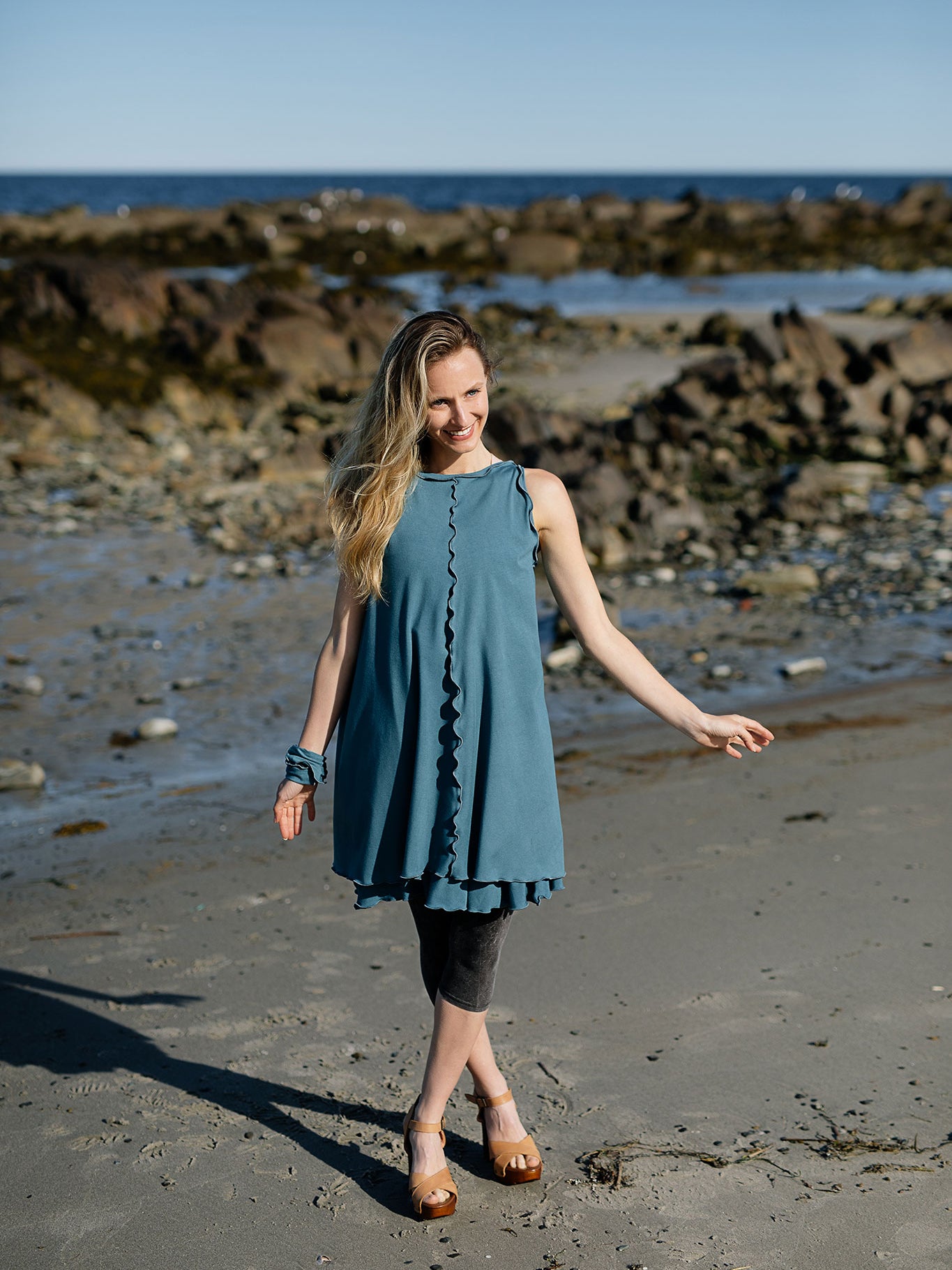 shift tunic tank in ocean styled over mineral capri