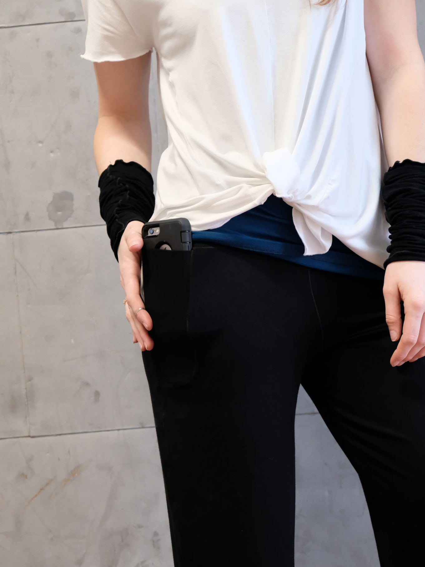 black kick pant with matching opera sleeves + white moon t over lagoon core tank