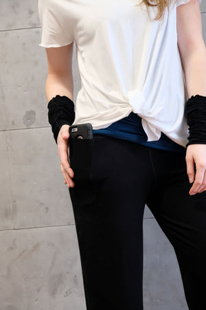 black kick pant with matching opera sleeves + white moon t over lagoon core tank