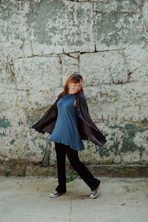 suger trouser in black with daisy tank in ocean and river jacket in charcoal