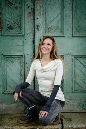 grace cowl neck top in milk with carbon opera sleeves and mineral playsuit