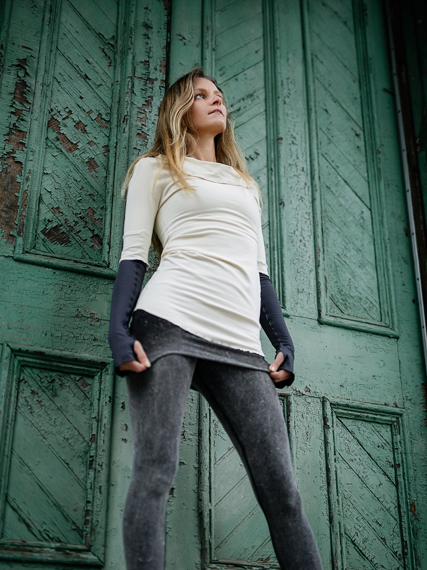 grace cowl neck top in milk with carbon opera sleeves and mineral playsuit