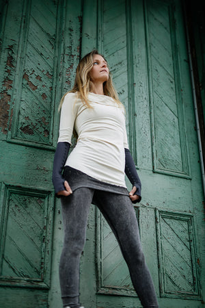 grace cowl neck top in milk with carbon opera sleeves and mineral playsuit