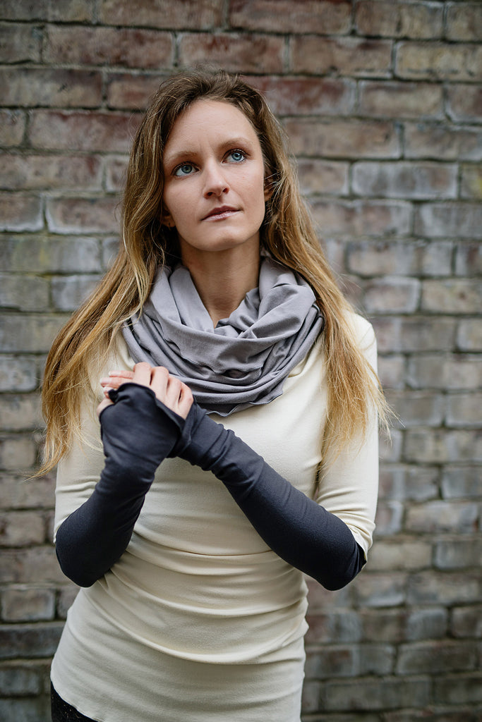 carbon opera sleeves with hourglass in moon and grace cowl neck top in milk