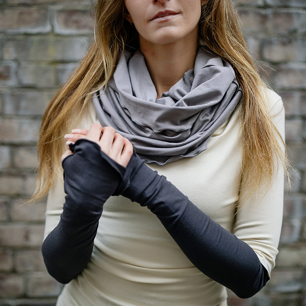 opera sleeves in carbon with moon hourglass and grace cowl neck top in milk