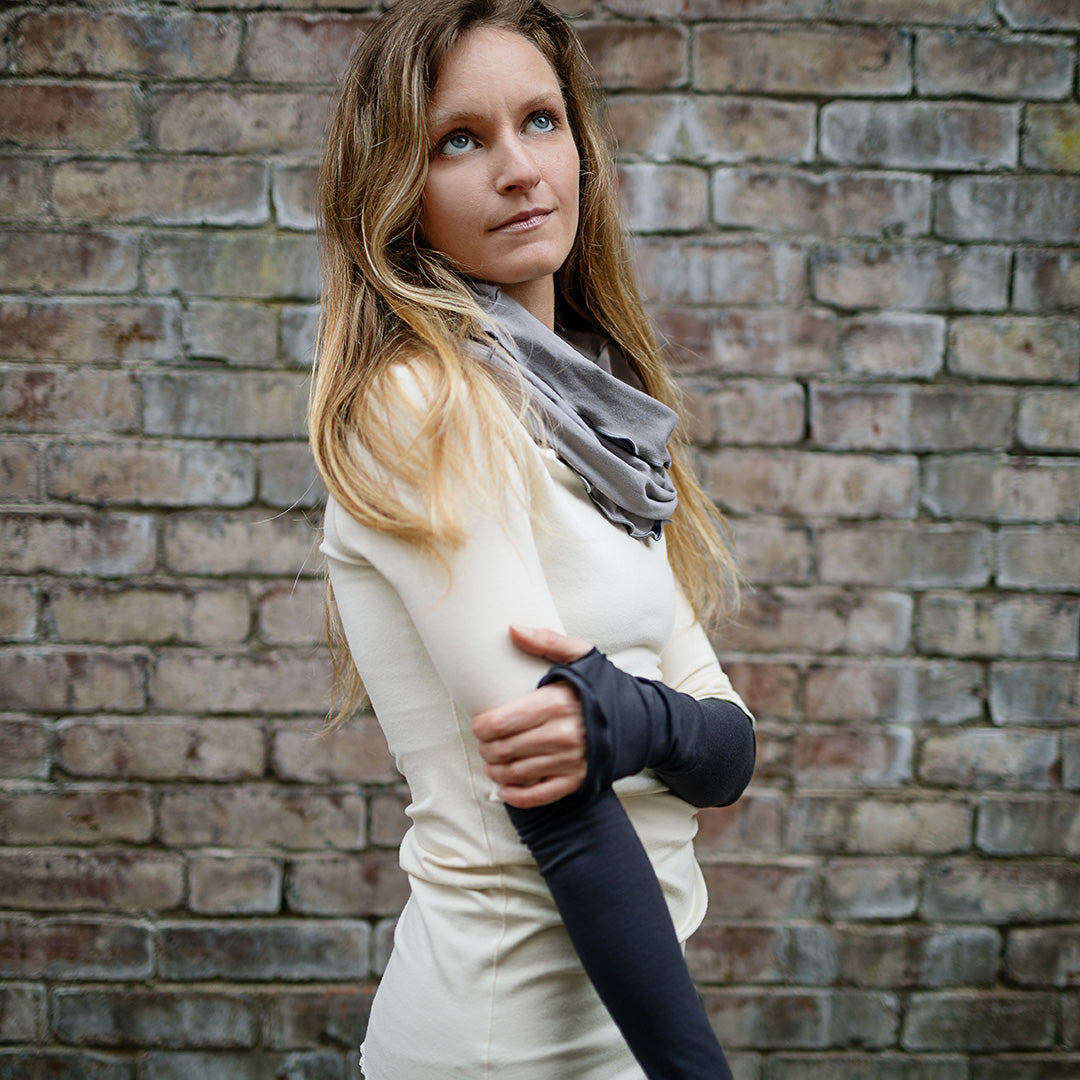 grace cowl neck top in milk with hourglass in moon and carbon opera sleeves