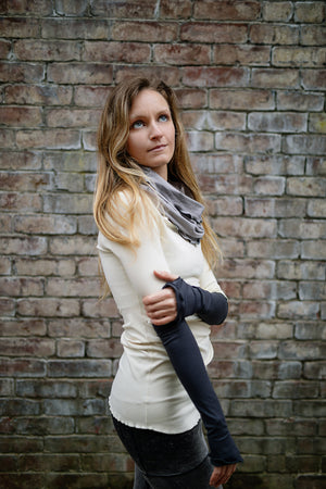 carbon opera sleeves with hourglass in moon and grace cowl neck top in milk