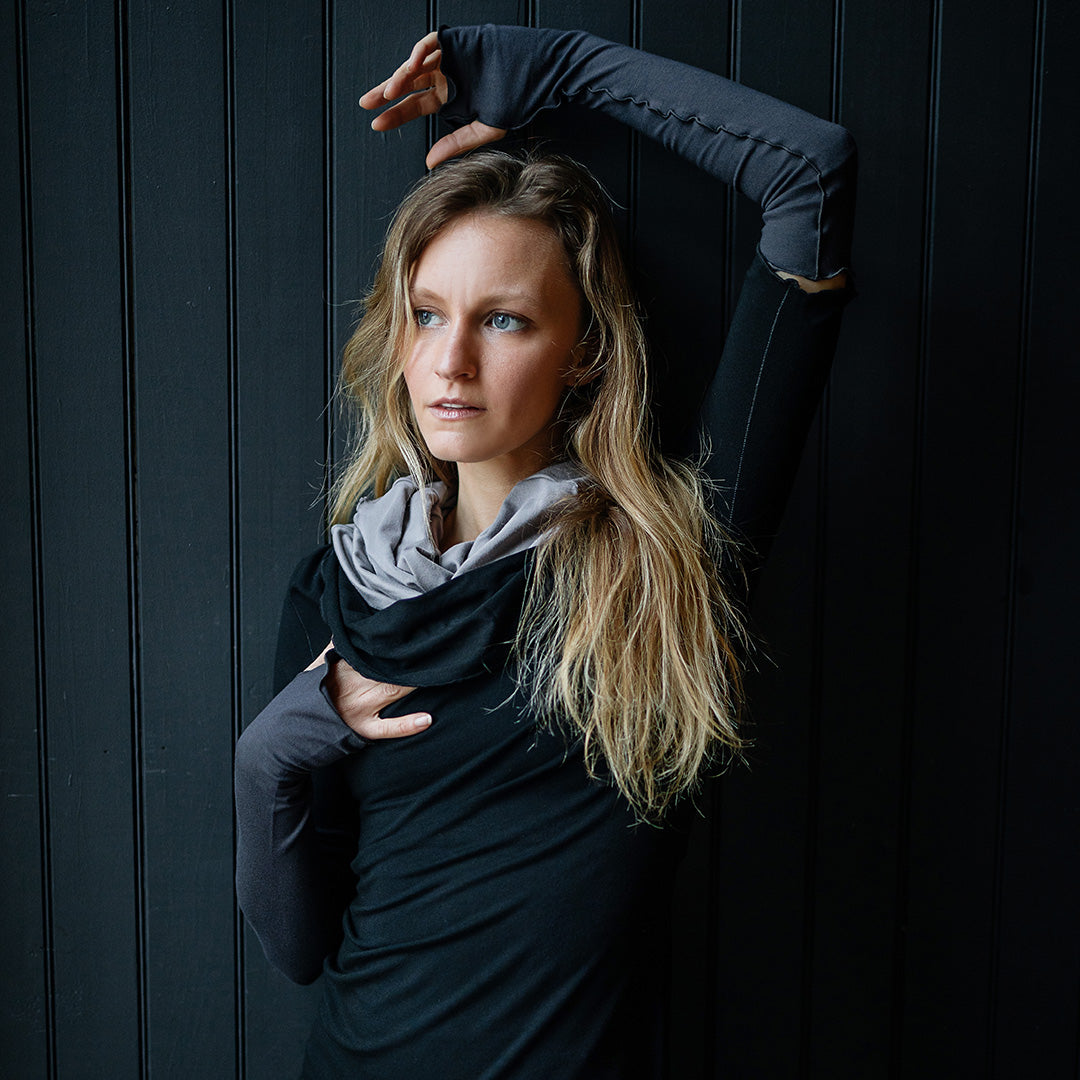 grace cowl neck top in black with carbon opera sleeves