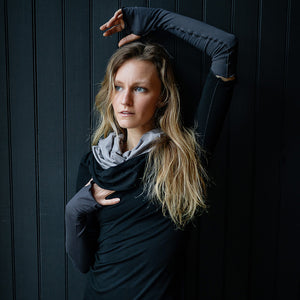 grace cowl neck top in black with carbon opera sleeves
