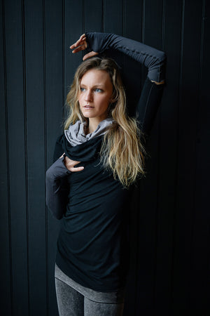 grace cowl neck top in black with carbon opera sleeves and moon hourglass