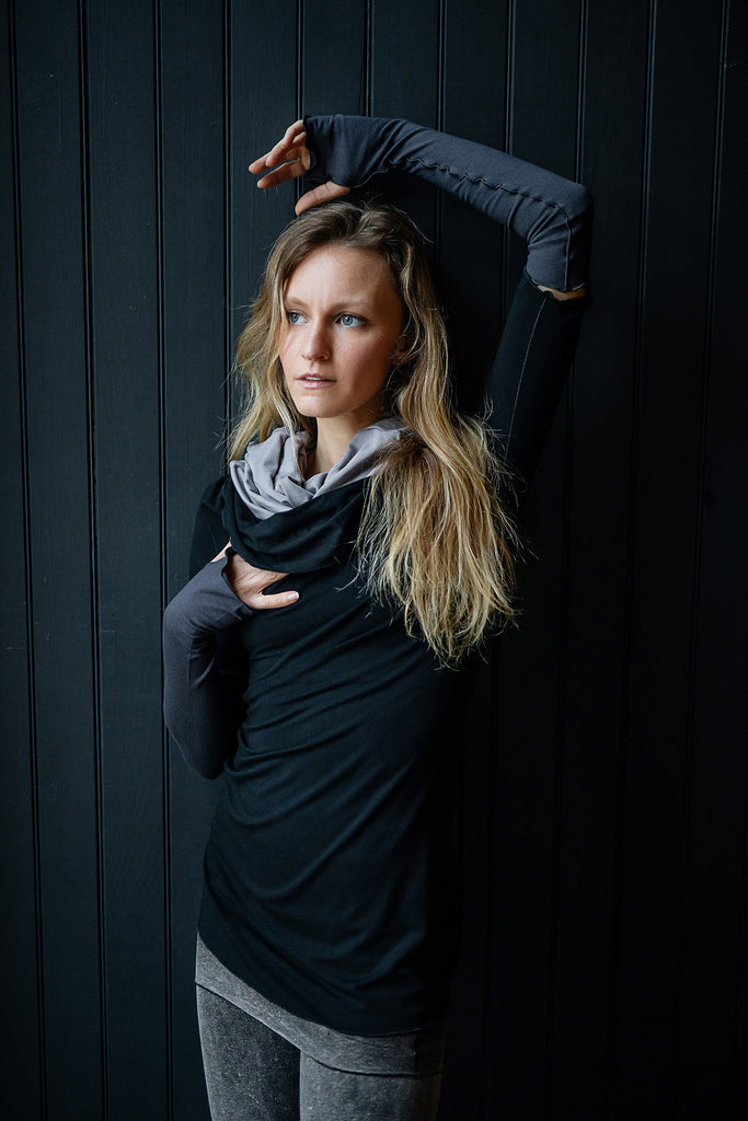 grace cowl neck top in black with carbon opera sleeves and moon hourglass