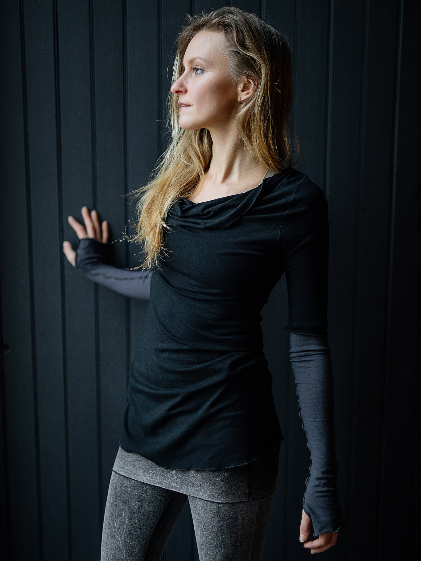 grace cowl neck top in black with carbon opera sleeves and mineral playsuit