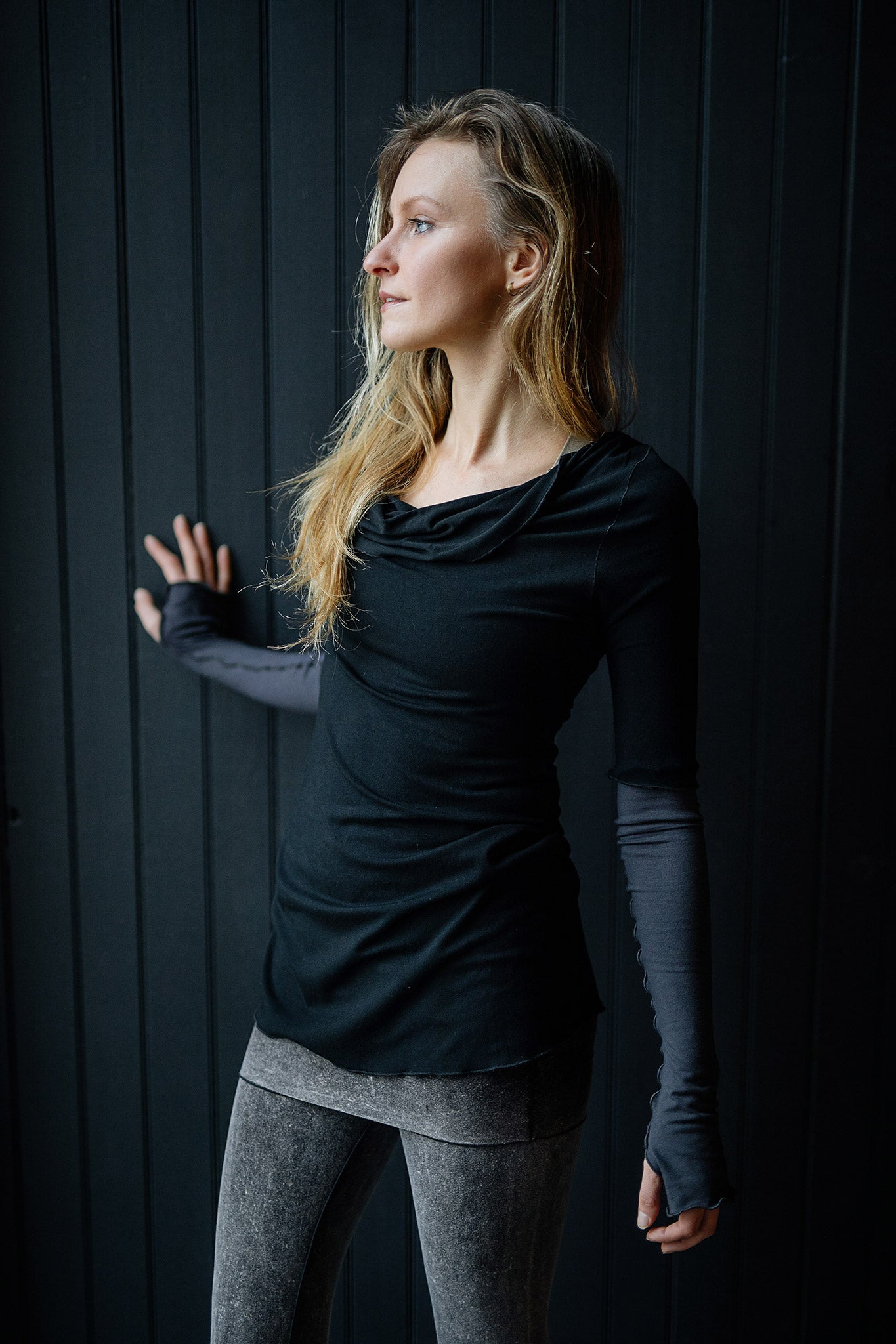 grace cowl neck top in black with carbon opera sleeves and mineral playsuit