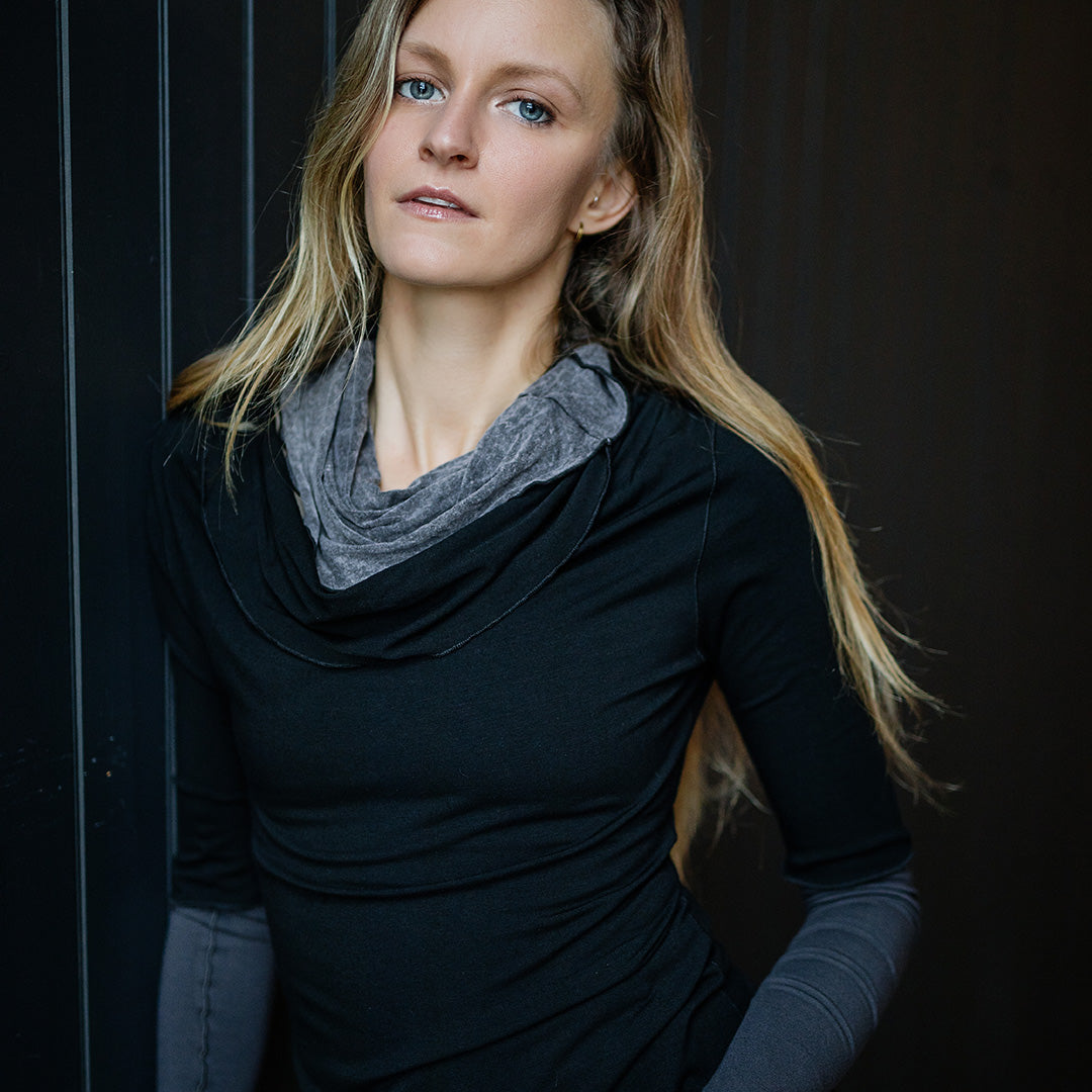grace cowl neck top in black with mineral hourglass and carbon opera sleeves