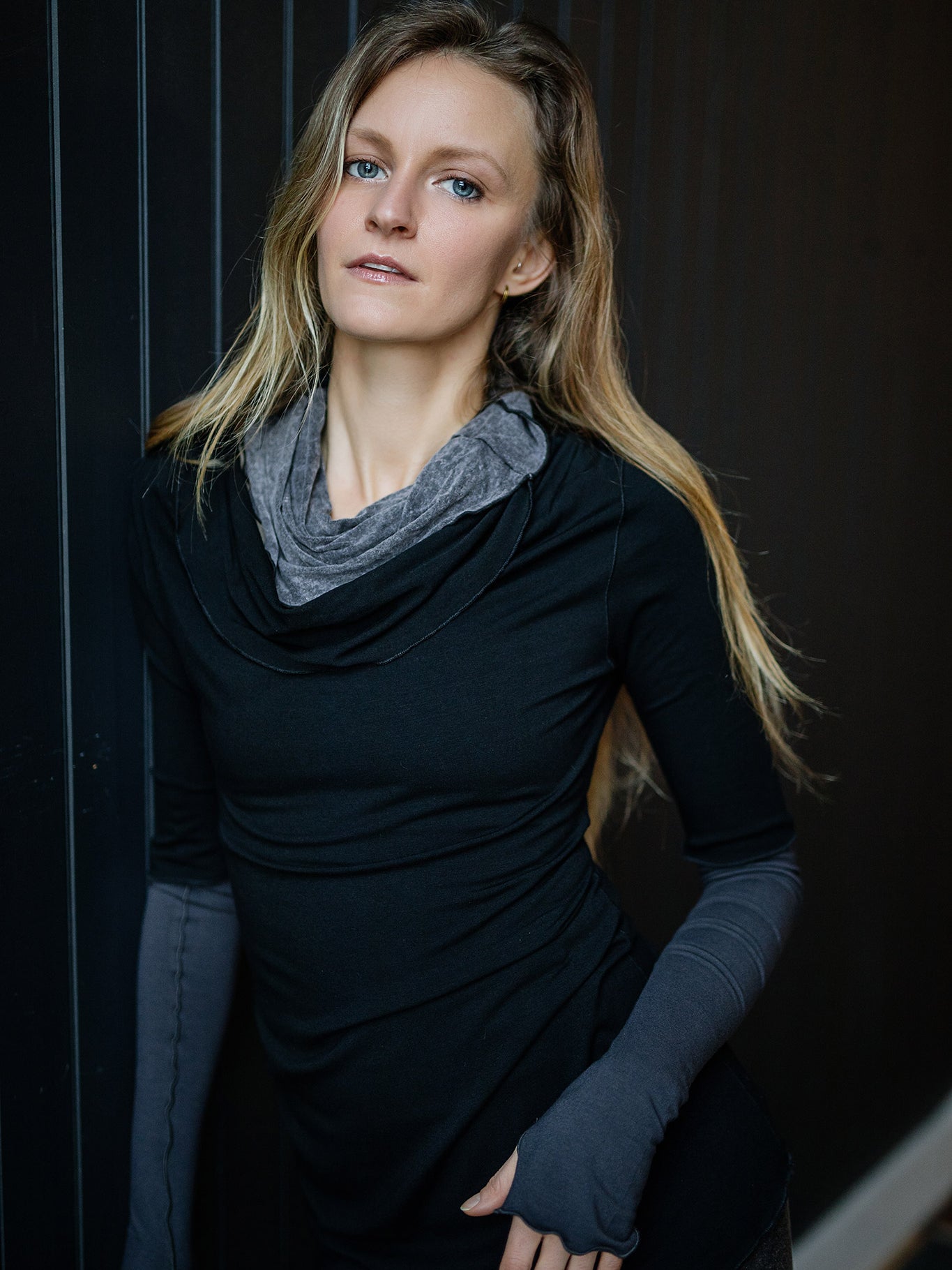 grace cowl neck top in black with carbon opera sleeves and mineral hourglass