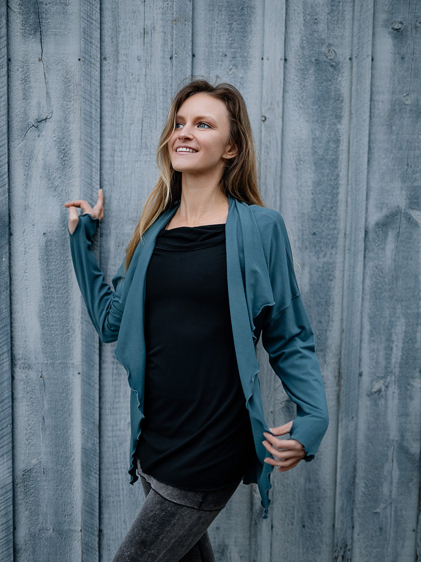 river jacket in ocean with grace top in black