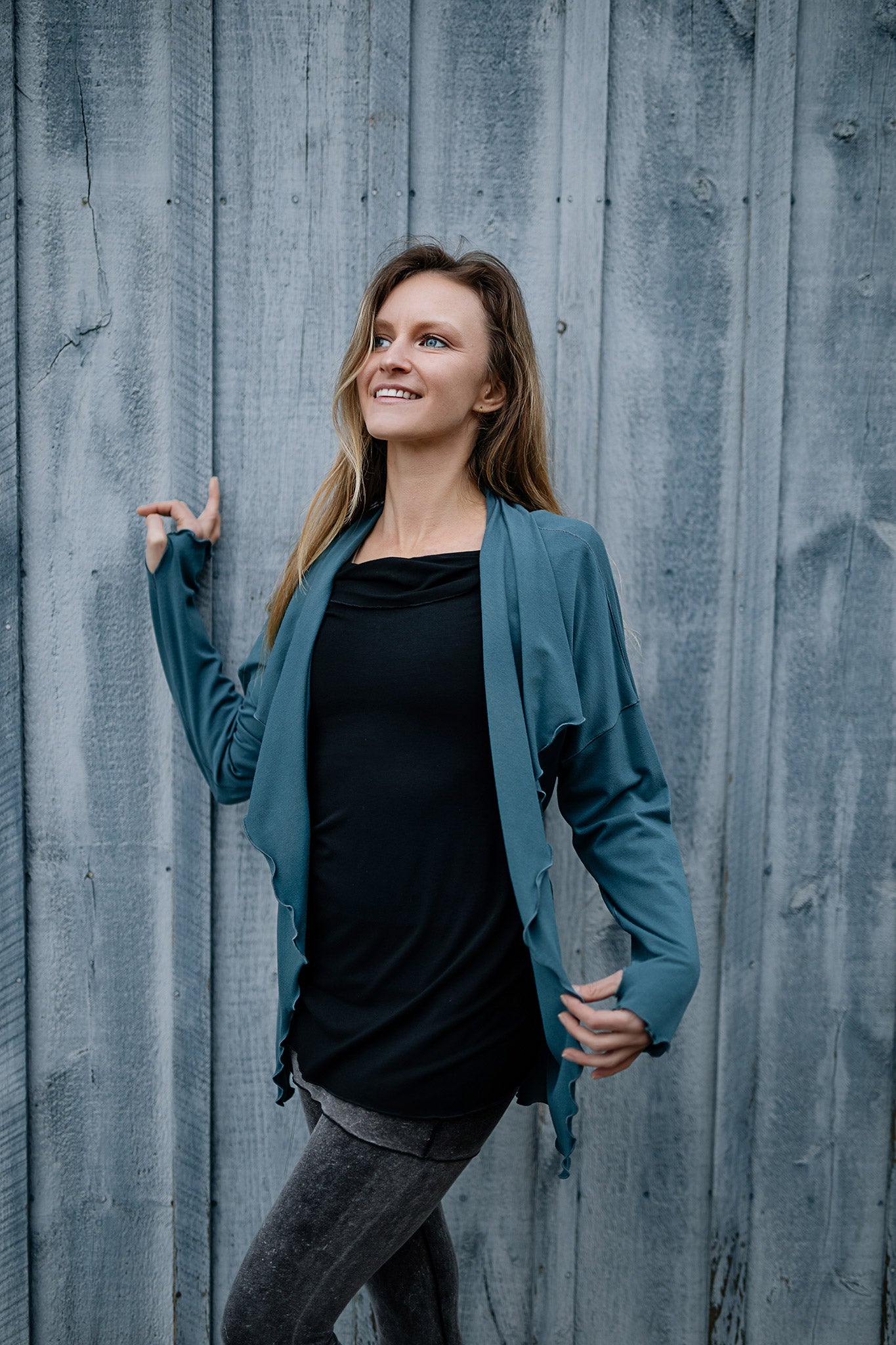 river jacket in ocean with grace top in black