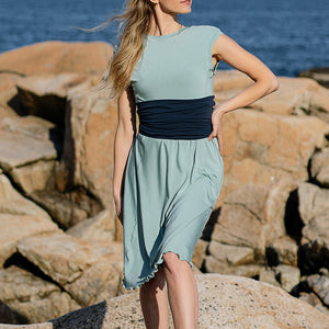 corset in navy styled around the glass glow gown