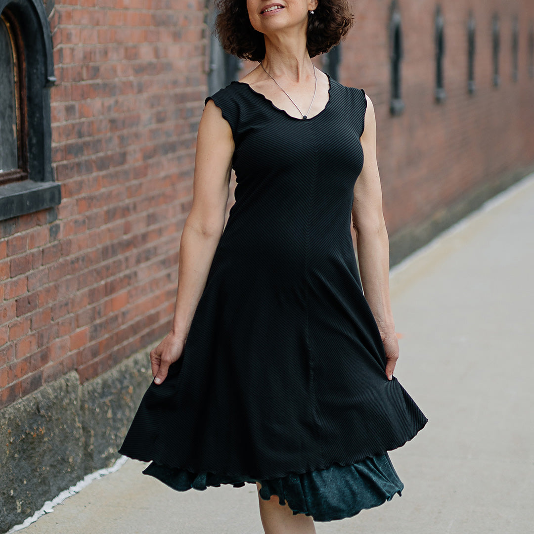 flare bias vneck dress in subtle black paired with blue mineral flirt