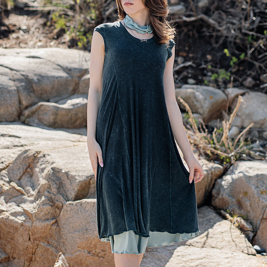 glow dress in blue mineral layered over glass flirt as a skirt