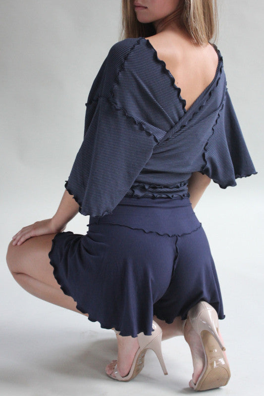 flutter worn facing the reverse with navy romper