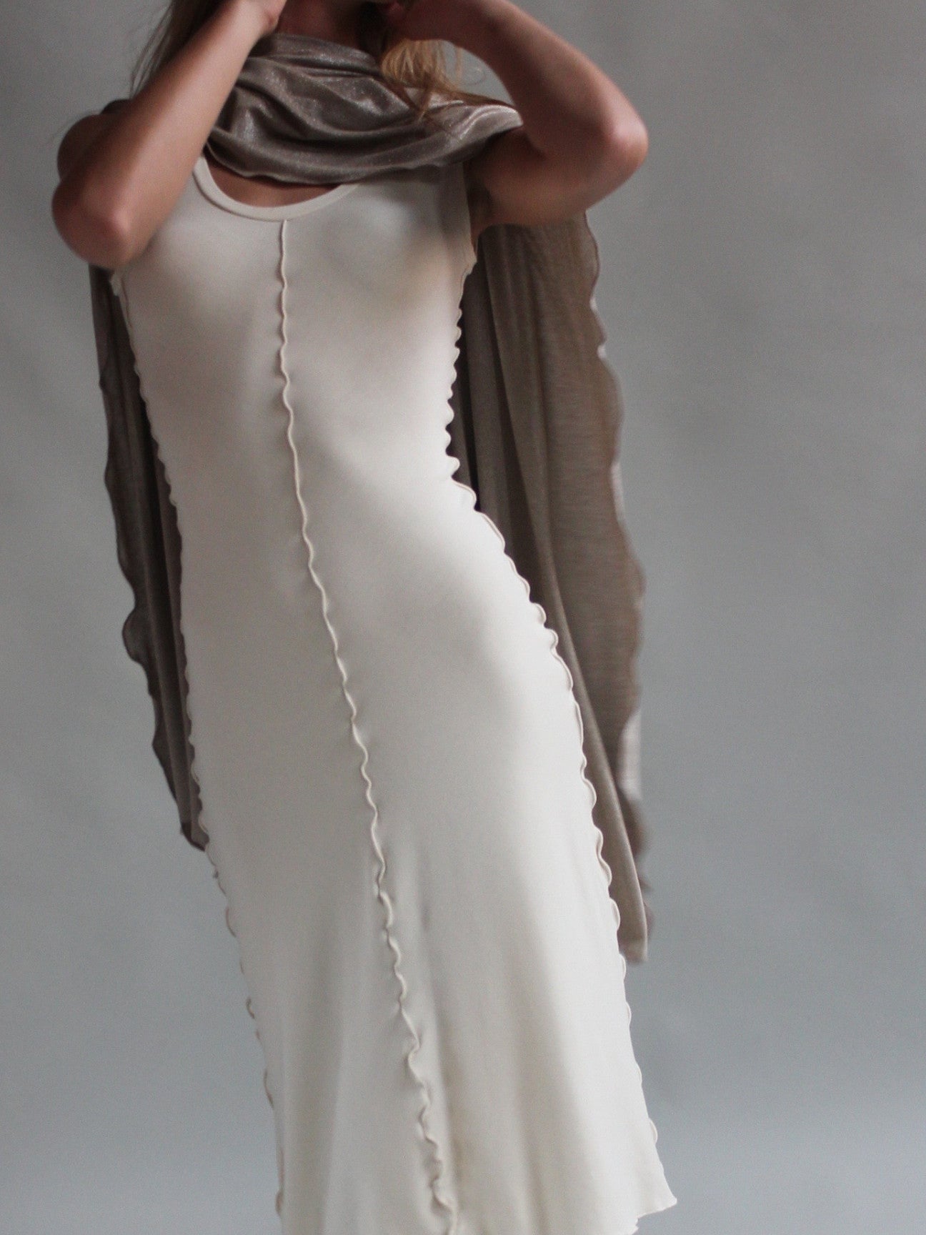 vanilla goddess dress with shimmer shawl