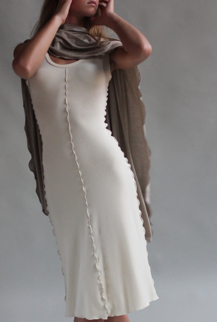 vanilla goddess dress with shimmer shawl