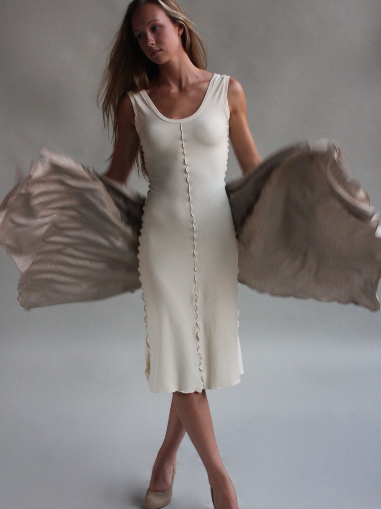 vanilla goddess dress with shimmer shawl