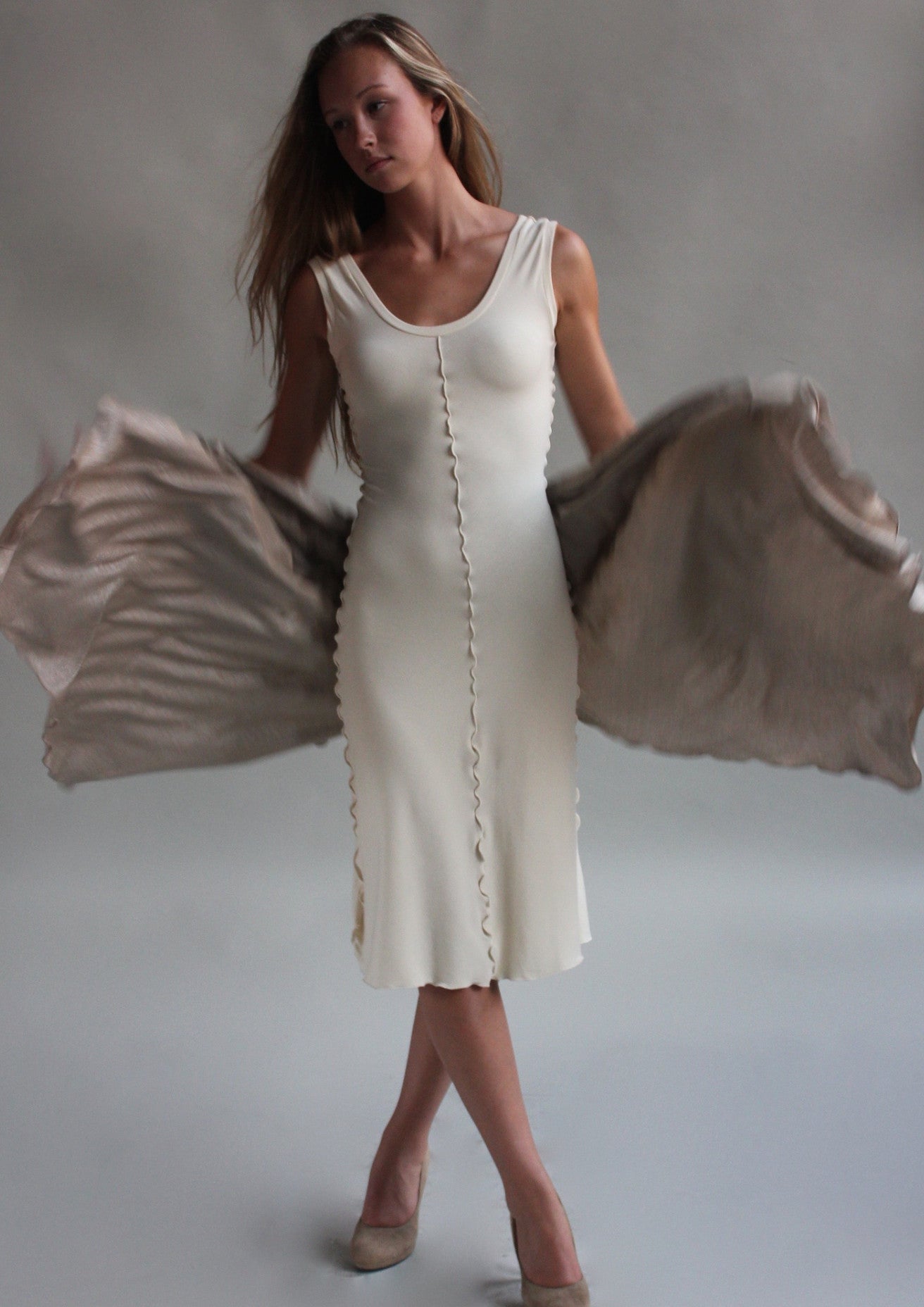 vanilla goddess dress with shimmer shawl