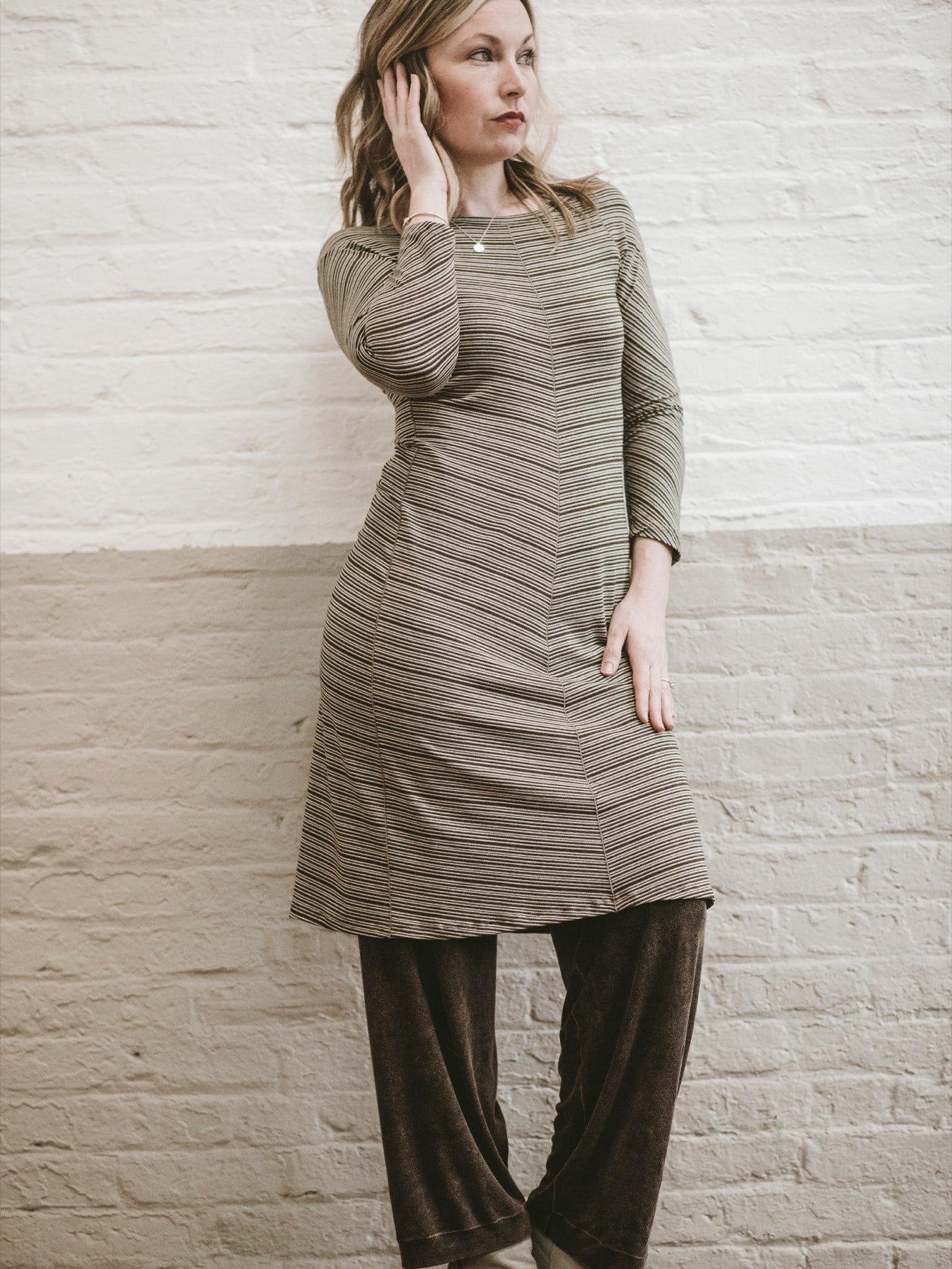 noble dress in earth stripe bamboo + mineral bloom pant