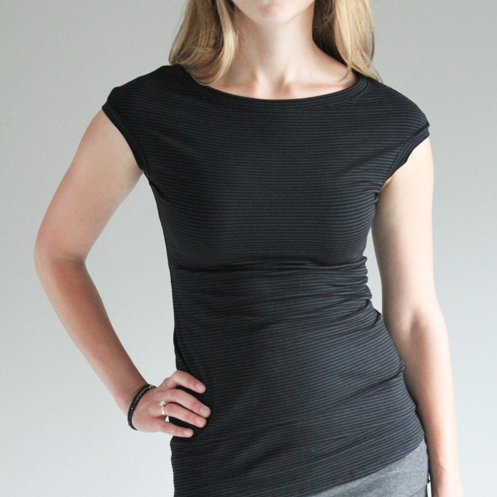 suger cap tunic in bamboo organic cotton subtle stripe with charcoal swirlsuit