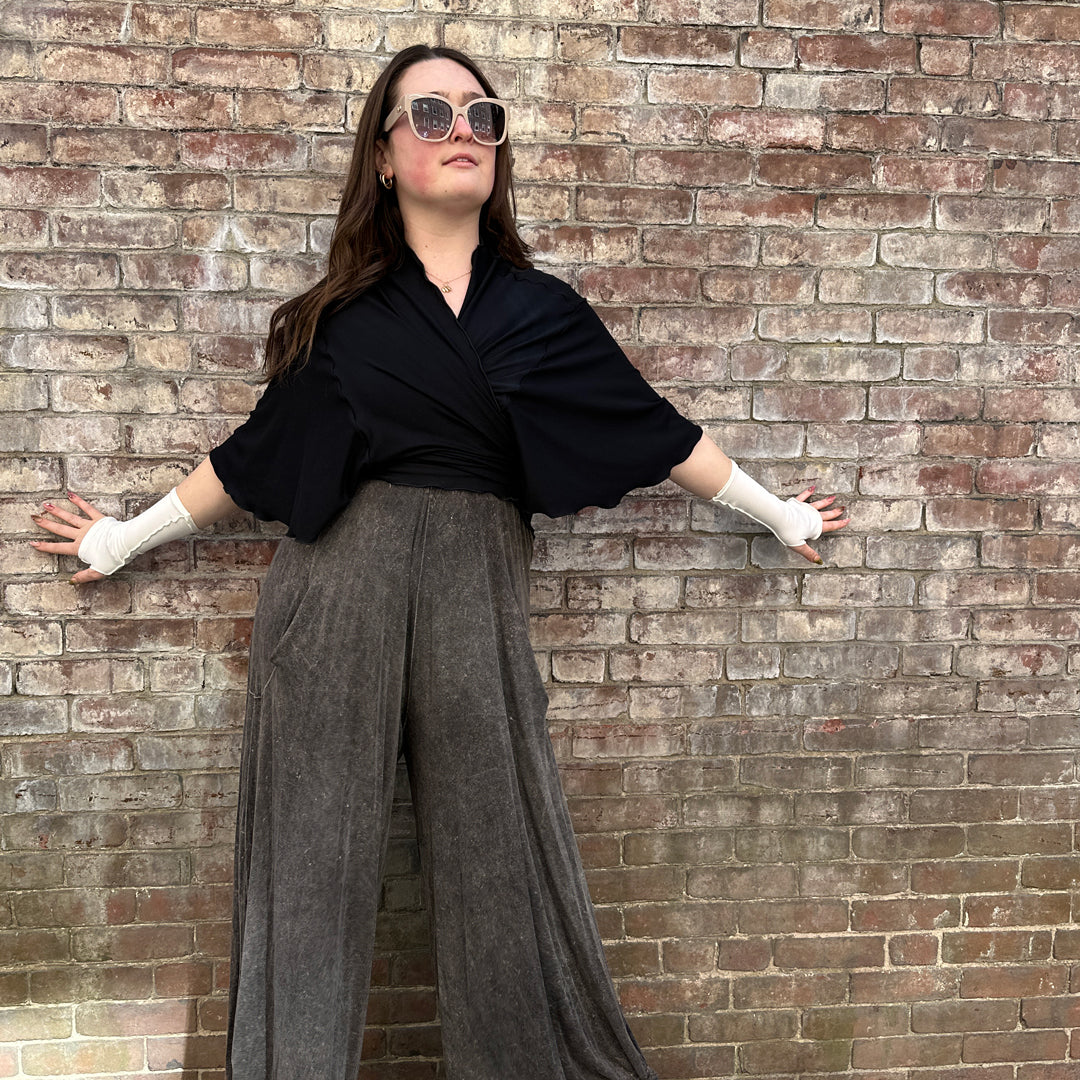 angelrox® flutter jacket in black styled over mineral farmer jumpsuit 