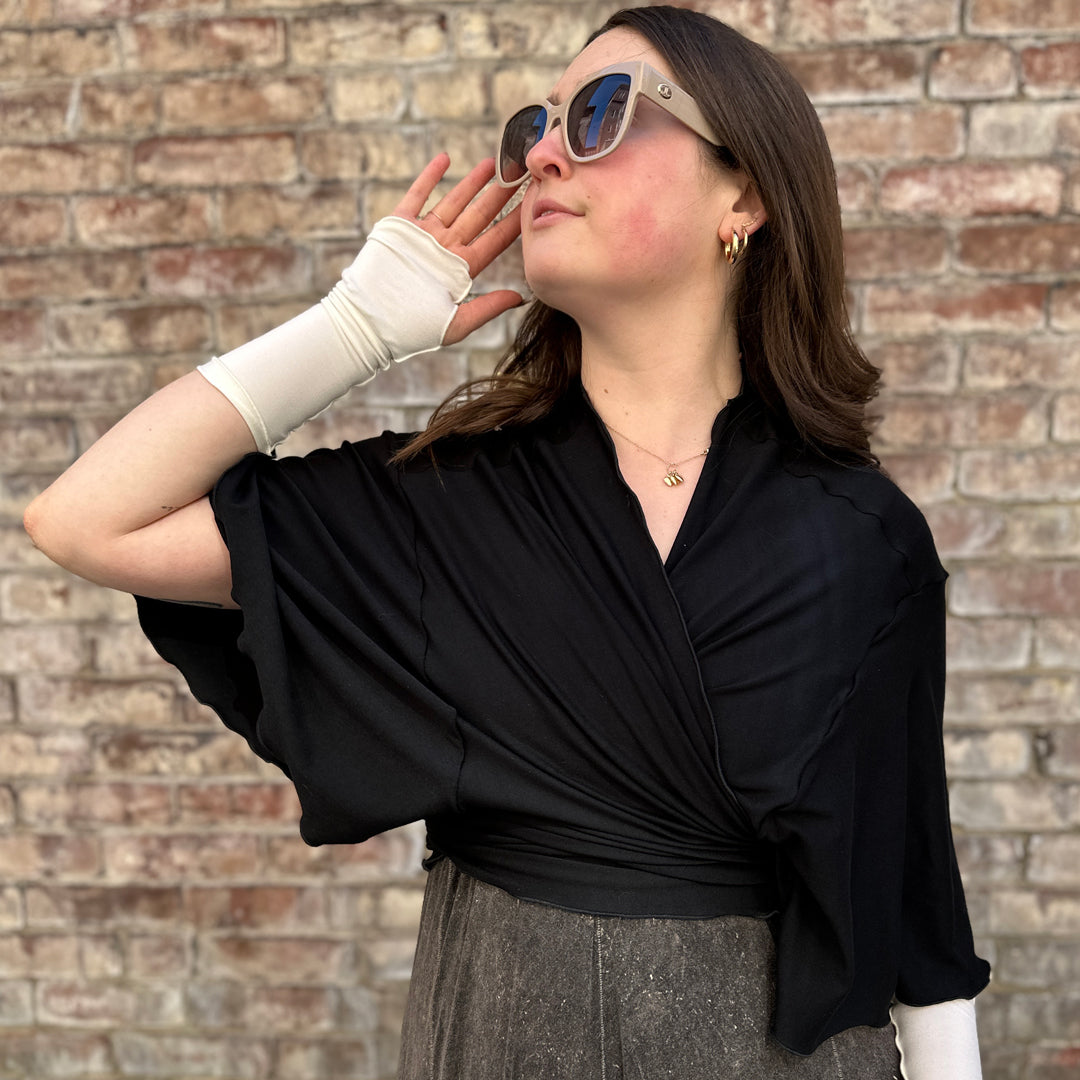 angelrox® flutter jacket in black paired with milk fingerless gloves